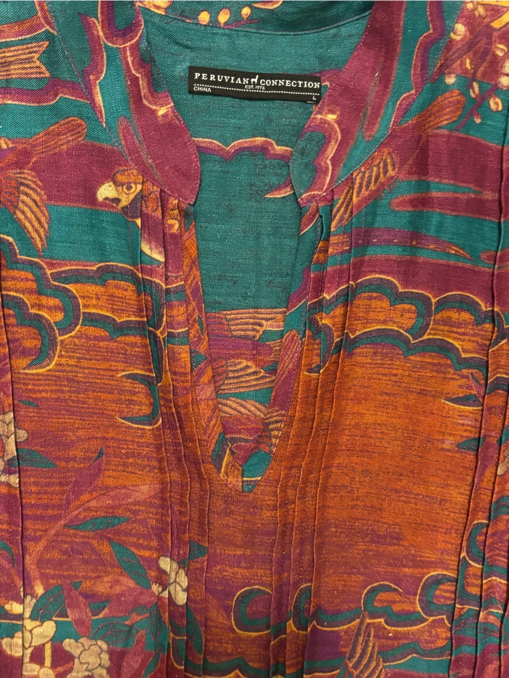 Peruvian Connection Floating World Linen Multicolor Printed Midi Dress, L - Picture 9 of 10